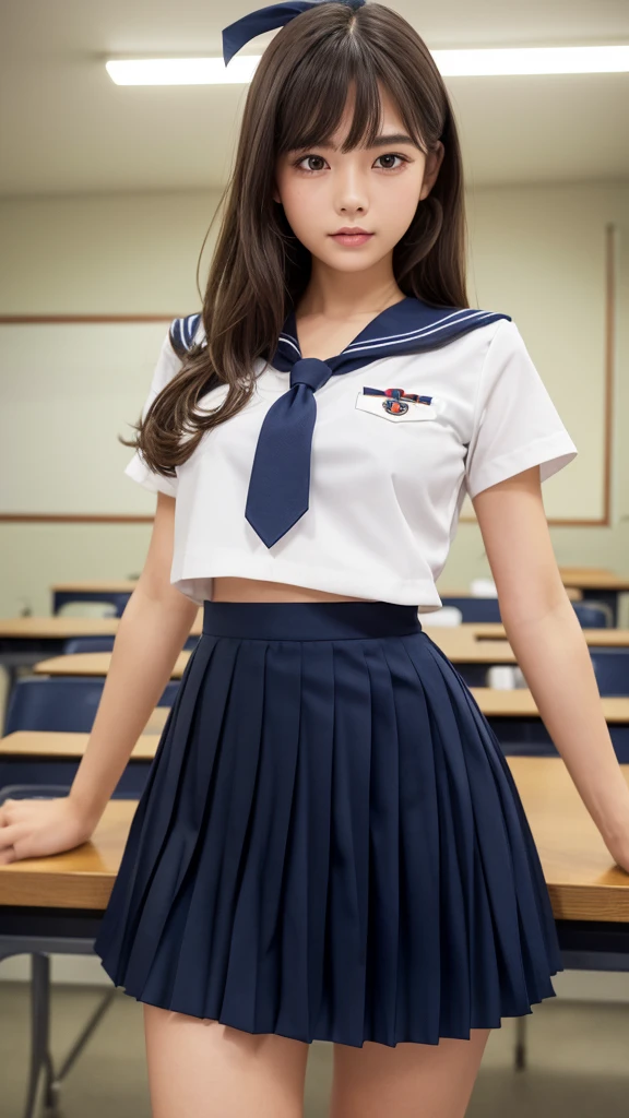 Product quality,1 girl,Cowboy Shot,(Thigh Emphasis:1.4),(Young and beautiful Japanese woman,Perfect Anatomy),(High school classroom:1.4),Sit at a desk,A small smile,((White school uniform sailor suit)),(Red ribbon tie:1.3),Deep waistline,((Navy blue ultra short pleated mini skirt:1.5)),(Skirt flip:1.3),(White panties:1.3),Stylish earrings,Stylish necklace,Very beautiful face,Cute type,(A little round face),Baby Face,Glossy lips,Beautiful big eyes,Brown eyes,Double eyelids visible in both eyes,(Natural Makeup),Shiny smooth light brown long hair,,,,Asymmetrical bangs,Floating Hair Nova Frog Style,【Imaging Center,8k resolution,Attention to detail,Detailed hairstyle,Detailed face,Cinema Lighting,Octane Rendering,Ultra-realistic,Perfect body,Beautiful legs,Voluptuous thighs,Huge breasts,Perfect Anatomy,Spread your legs,(Provocative dynamic pose:1.3)