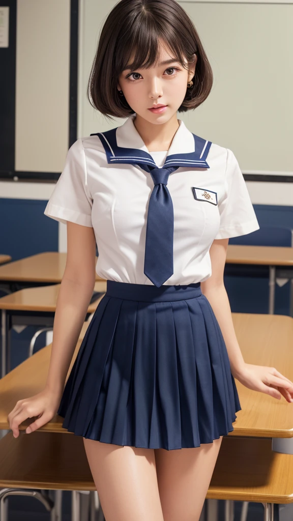 Product quality,1 girl,Cowboy Shot,(Thigh Emphasis:1.4),(Young and beautiful Japanese woman,Perfect Anatomy),(High school classroom:1.4),Sit at a desk,A small smile,((White school uniform sailor suit)),(Red ribbon tie:1.3),Deep waistline,((Navy blue ultra short pleated mini skirt:1.5)),(Skirt flip:1.3),(White panties:1.3),Stylish earrings,Stylish necklace,Very beautiful face,Cute type,(A little round face),Baby Face,Glossy lips,Beautiful big eyes,Brown eyes,Double eyelids visible in both eyes,(Natural Makeup),Shiny smooth light brown long hair,,,,Asymmetrical bangs,Floating Hair Nova Frog Style,【Imaging Center,8k resolution,Attention to detail,Detailed hairstyle,Detailed face,Cinema Lighting,Octane Rendering,Ultra-realistic,Perfect body,Beautiful legs,Voluptuous thighs,Huge breasts,Perfect Anatomy,Spread your legs,(Provocative dynamic pose:1.3)