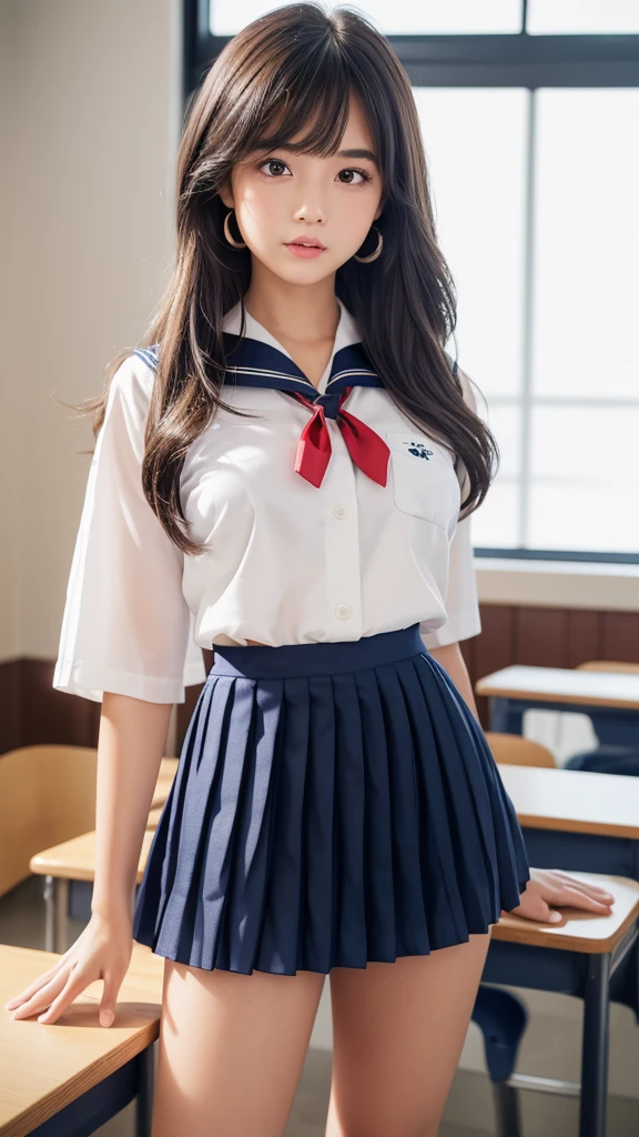 Product quality,1 girl,Cowboy Shot,(Thigh Emphasis:1.4),(Young and beautiful Japanese woman,Perfect Anatomy),(High school classroom:1.4),Sit at a desk,A small smile,((White school uniform sailor suit)),(Red ribbon tie:1.3),Deep waistline,((Navy blue ultra short pleated mini skirt:1.5)),(Skirt flip:1.3),(White panties:1.3),Stylish earrings,Stylish necklace,Very beautiful face,Cute type,(A little round face),Baby Face,Glossy lips,Beautiful big eyes,Brown eyes,Double eyelids visible in both eyes,(Natural Makeup),Shiny smooth light brown long hair,,,,Asymmetrical bangs,Floating Hair Nova Frog Style,【Imaging Center,8k resolution,Attention to detail,Detailed hairstyle,Detailed face,Cinema Lighting,Octane Rendering,Ultra-realistic,Perfect body,Beautiful legs,Voluptuous thighs,Huge breasts,Perfect Anatomy,Spread your legs,(Provocative dynamic pose:1.3)