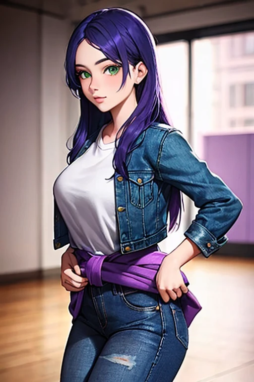 ((The best quality)), ((masterpiece)), (DETAILED), (4k), 1 woman, (with some tight violet jeans), (a purple fitted denim jacket),(violet clothes), ((blue hair)), ((long beautiful hair)), ((green eyes)) ,(18 years old), ((with hands on waist)), ((looking at the viewer)), ((front view)), ((PANORAMIC VIEW))