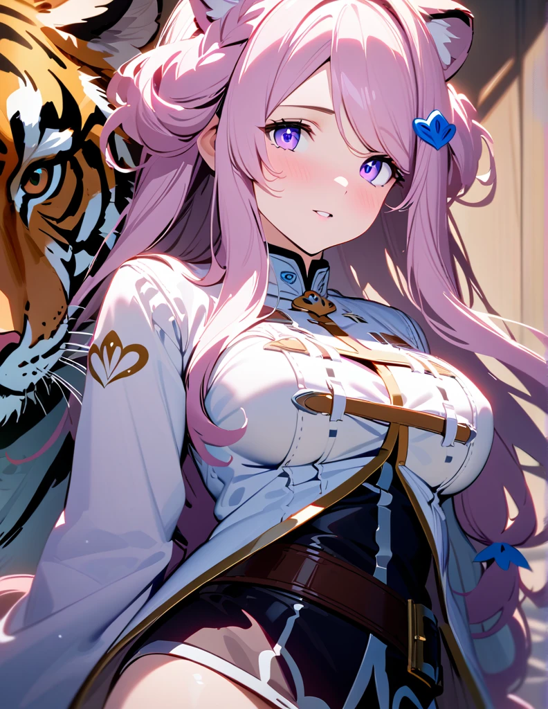 masterpiece, Best Quality, Super Details, 8k, Detail Light, Detailed Shadows, (Genuine: 1.2),, 1 girl, Wearing complicated clothes, Purple eyes, Medium Breast, Narmaya, Portrait , (Cowboy Shot: 1.2),, Tiger, sexy, (Cowboy Shot: 1.2), masterpiece, (Penetration: 1.2),nsfw