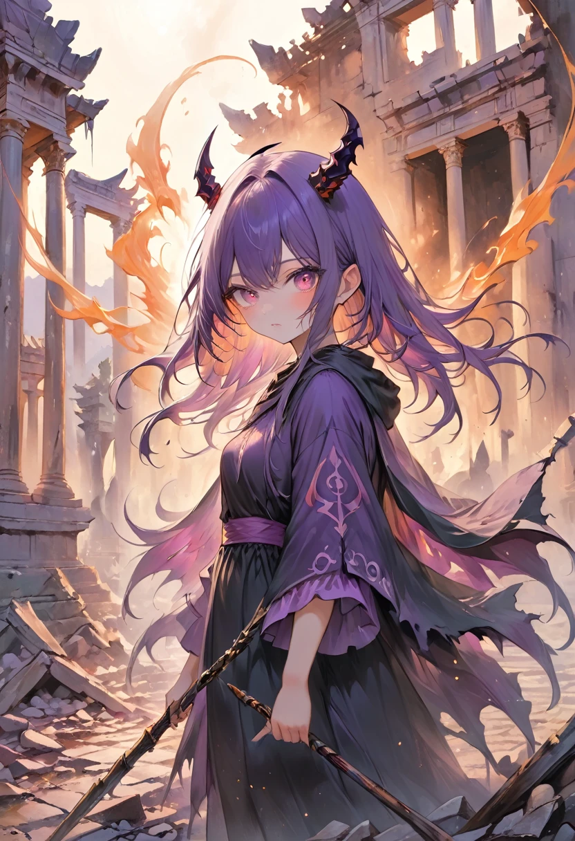 (masterpiece, best quality, vivid colors, sharp contrast, ultra-detailed) ,scary,A close-up of a purple-cloaked demon, their face shadowed and hidden, standing amidst the ruins of an ancient temple at dusk. The sky burns with vibrant oranges and purples, reflecting the anger and devastation of their people. They clutch a symbol of an ancient faith in one hand, their other hand clenched in anger, symbolizing the hatred they hold for the religious sect that betrayed them. The air around them hums with impending disaster.