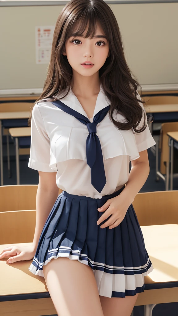 Product quality,1 girl,Cowboy Shot,(Thigh Emphasis:1.4),(Young and beautiful Japanese woman,Perfect Anatomy),(High school classroom:1.4),Sit at a desk,A small smile,((White school uniform sailor suit)),(Red ribbon tie:1.3),Deep waistline,((Navy blue ultra short pleated mini skirt:1.5)),(Skirt flip:1.3),(White panties:1.3),Stylish earrings,Stylish necklace,Very beautiful face,Cute type,(A little round face),Baby Face,Glossy lips,Beautiful big eyes,Brown eyes,Double eyelids visible in both eyes,(Natural Makeup),Shiny smooth light brown long hair,,,,Asymmetrical bangs,Floating Hair Nova Frog Style,【Imaging Center,8k resolution,Attention to detail,Detailed hairstyle,Detailed face,Cinema Lighting,Octane Rendering,Ultra-realistic,Perfect body,Beautiful legs,Voluptuous thighs,Huge breasts,Perfect Anatomy,Spread your legs,(Provocative dynamic pose:1.3)