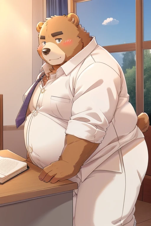 Weight gain、Being overweight、（（male））（（Dog and bear））、fur、Fluffy、cute、blush（（Wearing gakuran））（（teacher、student、School、classroom、Desk and chair、Study、During class)）（（夕方のclassroom、Sunset from the window））（（Doing anal sex in standing doggy style position））