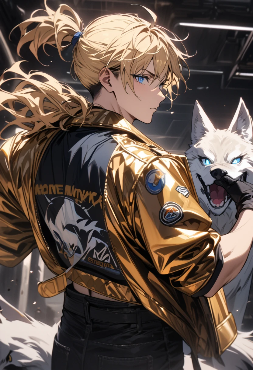 (masterpiece), the best quality, expressive eyes, perfect face, male , blonde hair, blue eyes, thick hair with undercut and Short ponytail, have a black Men's sleeveless shirt, black jeans, black gloves, Golden leather jacket with a logo of a white wolf on the back, 1 boy,  badass,