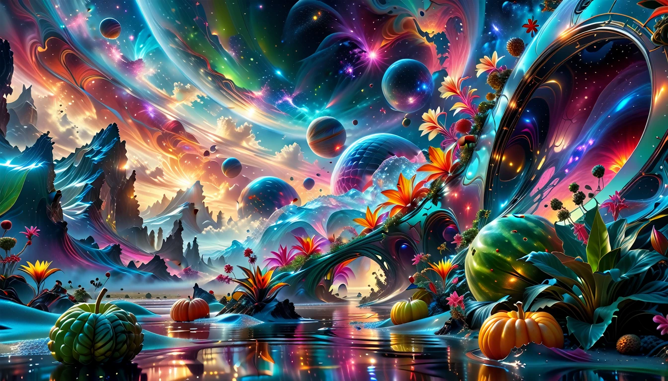 A Masterpiece In 32K Resolution, Supreme Quality, Super Detail, Official Art, Very High-Resolution 32K Wallpaper, Beautiful And Aesthetic, Ultra-Detailed Features, Awe-Inspiring Detail. A Breathtaking, Surreal Alien Landscape That Embodies The Wonders Of Interstellar Travel, With A Magnificent, Star-Filled Sky Stretching Across A Vibrant, Colorful Horizon. Strange, Exotic Alien Flowers Of All Shapes And Sizes Bloom Throughout The Scene, Surrounded By An Array Of Luscious, Otherworldly Fruits. The Image Is Rendered In Stunning 4K Or 8K Resolution, Capturing Every Intricate Detail With Perfection. The Scene Is Both Hyper-Realistic And Visually Immersive, Blending Advanced Illustration Techniques With 3D Rendering To Create A Masterpiece Of Craftsmanship. The Vivid Colors Enhance The Surreal Atmosphere, While The Meticulously Designed Lighting Captures Intricate Shifts In Light And Shadow, Adding Layers Of Depth And Richness To The Scene. Every Detail Is Presented With Unparalleled Clarity, Drawing The Viewer Into A Magical, Awe-Inspiring Realm. This Work Stirs Curiosity And Wonder, Inviting The Audience To Experience The Extraordinary Beauty Of Nature In An Entirely New Dimension.