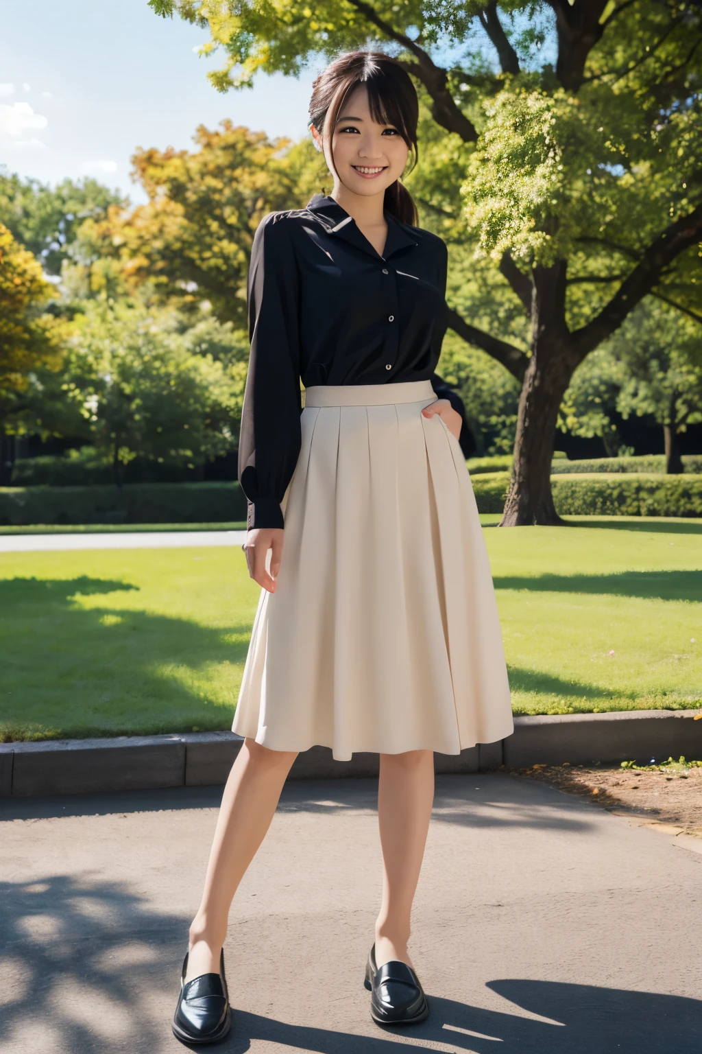 A woman in a black shirt and beige skirt posing for a picture - SeaArt AI