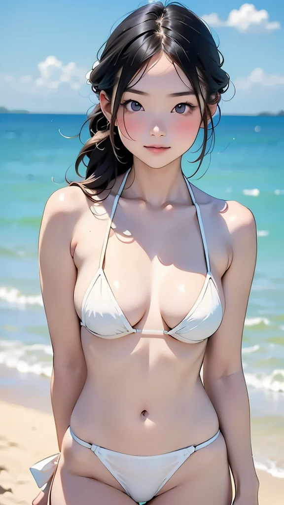 (12years old:1.4),(Very Young Face), (japan Person femes idol), 1girl, 1girl, (white micro bikini style:1.4), Stroll along the seaside, sunshine, (masterpiece:1.0),(best_quality:1.0), ultra high res,4K,ultra-detailed, photography, 8K, HDR, highres, (perfect anatomy:1.2),(Beauty of form:1.4) Golden ratio, big eye,