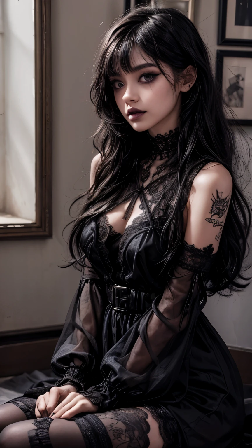 1girl, very long straight black hair, thick hair, detailed face, thick eyeshadow, cold filter, arabs, gothic style, intricate leather design green jacket, (see-through frilly black shirt:1.2), (black veil:1.2), red lips, blue pupils, (navel piercing:1.2), (looking at viewer:1.2), gigantic breasts,