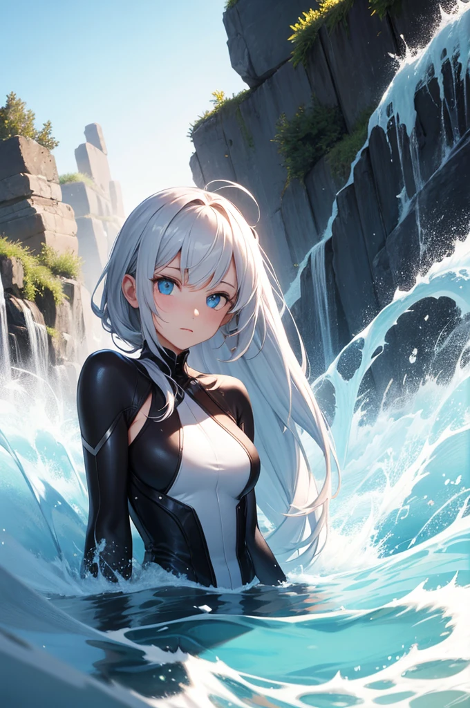 Alois Carigiet, Etienne Delessert, Surreal, mysterious, strange, fantastical, fantasy, Sci-fi, Japanese anime, playing in the water between light and darkness, beautiful girl in a school swimsuit, perfect voluminous body, reflection, transmission, refraction, beach, detailed masterpiece Hyper realistic sharp focus cinematic lighting wet