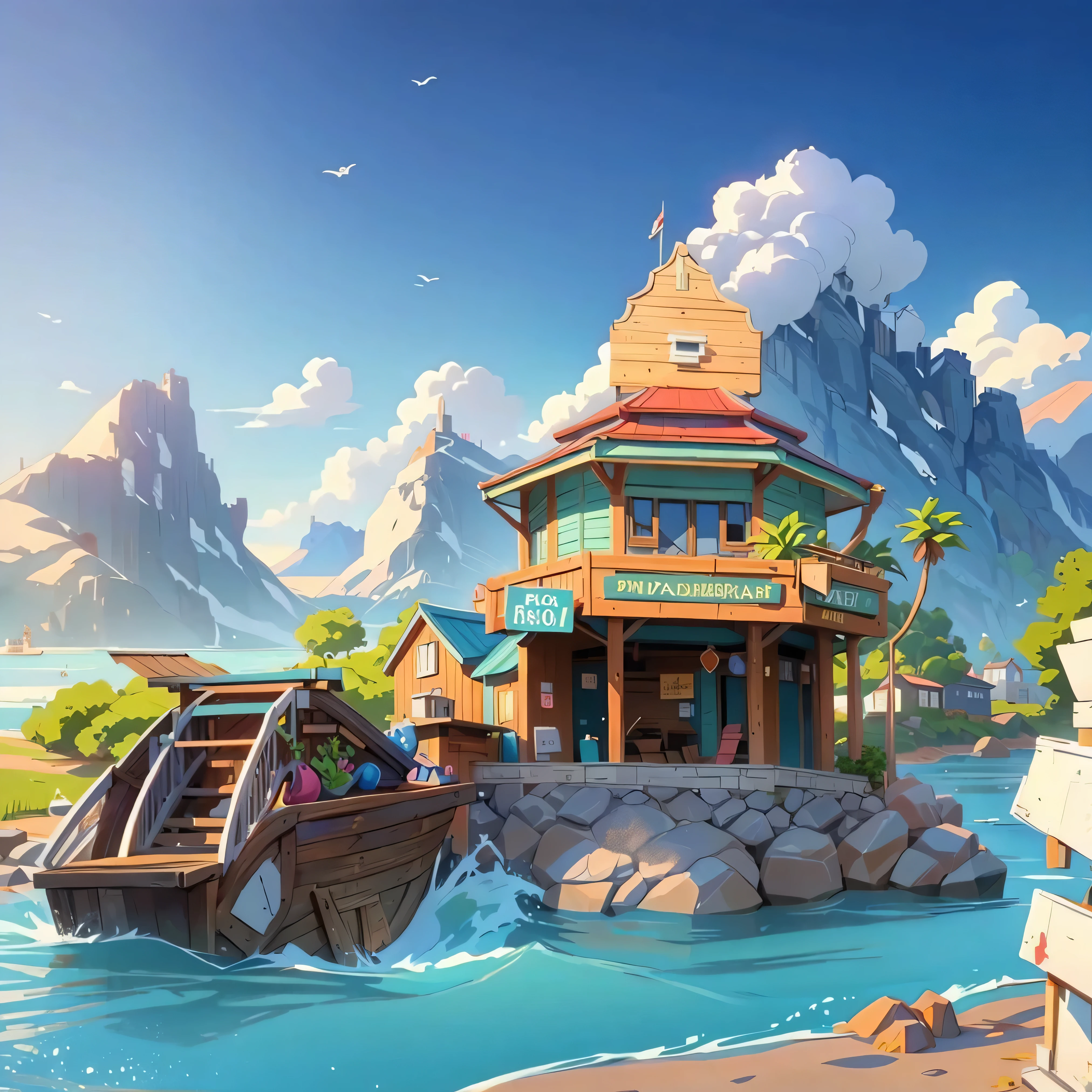 arafed in the ocean with a small island With the Kindergarten School building behind in the background With a play ground in front of it, stylized digital illustration, port scene background, background artwork, stylized illustration, stylized digital art, stylized concept art, renaissance port city background, amazing wallpaper, from the azur lane videogame, stylized, detailed background, shipyard, stylized game art, stylized background