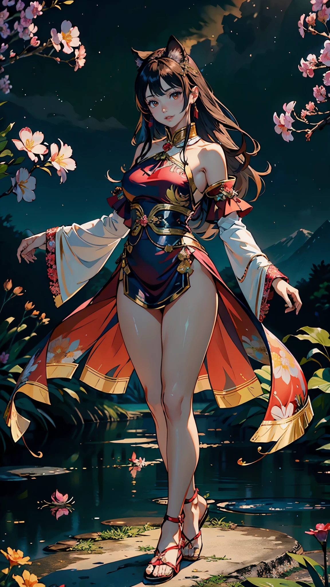 (highest quality, masterpiece, High resolution)、(anime art)、bright light、brown eyes、(Cat ear)、long hair、hair ornaments、choker、Cute face details、enchanting smile、small breasts、whole body、((sakura tropical background))、 red gold silky Chinese dress outfit,   red gold silk outfits(best quality,4k,8k,highres,masterpiece:1.2),ultra-detailed,(realistic,photorealistic,photo-realistic:1.37),acrylic painting,beautiful Indonesian model in a red silk Chinese dress with downy hair,beautiful Indonesian model with extremely colorful hair and detailed facial features,beautiful Indonesian model standing in a beautiful garden surrounded by a starry sky,beautiful Indonesian model wearing a vibrant ta dress,beautiful Indonesian model with intricate accessories,beautiful Indonesian model posing gracefully,beautiful Indonesian model with long flowing long hair,beautiful bright brown eyes and rosy lips,beautiful Indonesian model with a joyful expression,beautiful Indonesian model in a dynamic pose with cherry blossoms falling around her,beautiful Indonesian model surrounded by colorful flowers and butterflies,beautiful Indonesian model's dress adorned with cute bows and lace details,beautiful Indonesian model with an enchanting smile,beautiful Indonesian model with soft, pastel-colored shading,beautiful Indonesian model with a magical glow illuminating her,beautiful Indonesian model in a picturesque setting with a winding path leading to a magnificent castle,beautiful Indonesian model with a fairytale-like background,beautiful Indonesian model with a soft, dreamy atmosphere,beautiful Indonesian model with a subtle bokeh effect,beautiful Indonesian model standing under a moonlit sky,beautiful Indonesian model with a warm, golden sunset in the background,beautiful Indonesian model surrounded by twinkling stars and colorful nebulae,creating an ethereal and captivating artistic, cat ears, smiling 