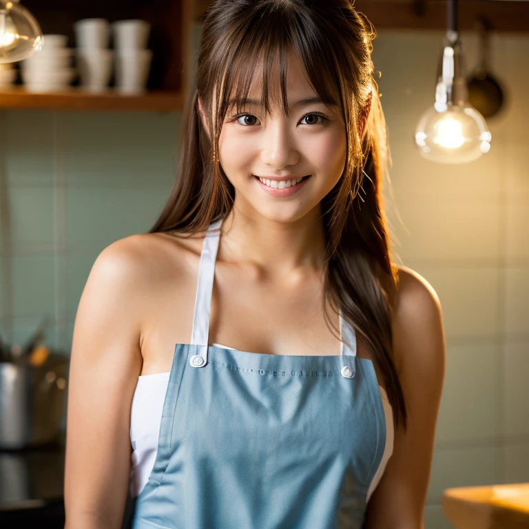 One Girl,Long Hair,smile, ((apron)),(kitchen) 、RAW Photos, (photoRealistic:1.37, Realistic), 8K wallpaper incorporating highly detailed CG, View your audience, (((Straight from the front))), (high qualityスキン:1.8, Shiny skin), 8K Ultra HD, Digital SLR, Soft lighting, high quality, Film Grain, Fujifilm XT3, ((Upper Body:1.6)), (Professional Lighting:1.6)、Big Breasts、No clothes、I&#39;No clothes、I want to see up to my knees、