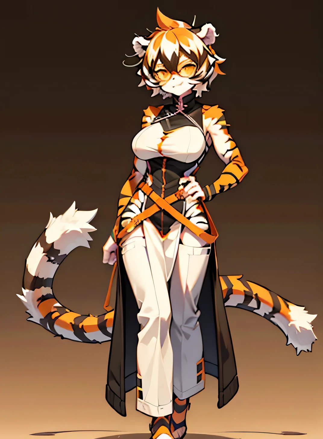 white background, full body, ((girl,fluffy)), standing ，animal ears, arknight, white hair, black hair, round glasses, glasses, oppen, short hair, big breasts, muscles, tail, orange eyes, orange hair, multicolored hair, tiger girl, fluffy female, hair between eyes, tiger_ears, tiger_tail, orange-dyed_glasses, dyed_glasses, sophora, big breasts, evil smile, shadow under the feet, abdominal muscless, (((Doctor overall clothing:1.2)))