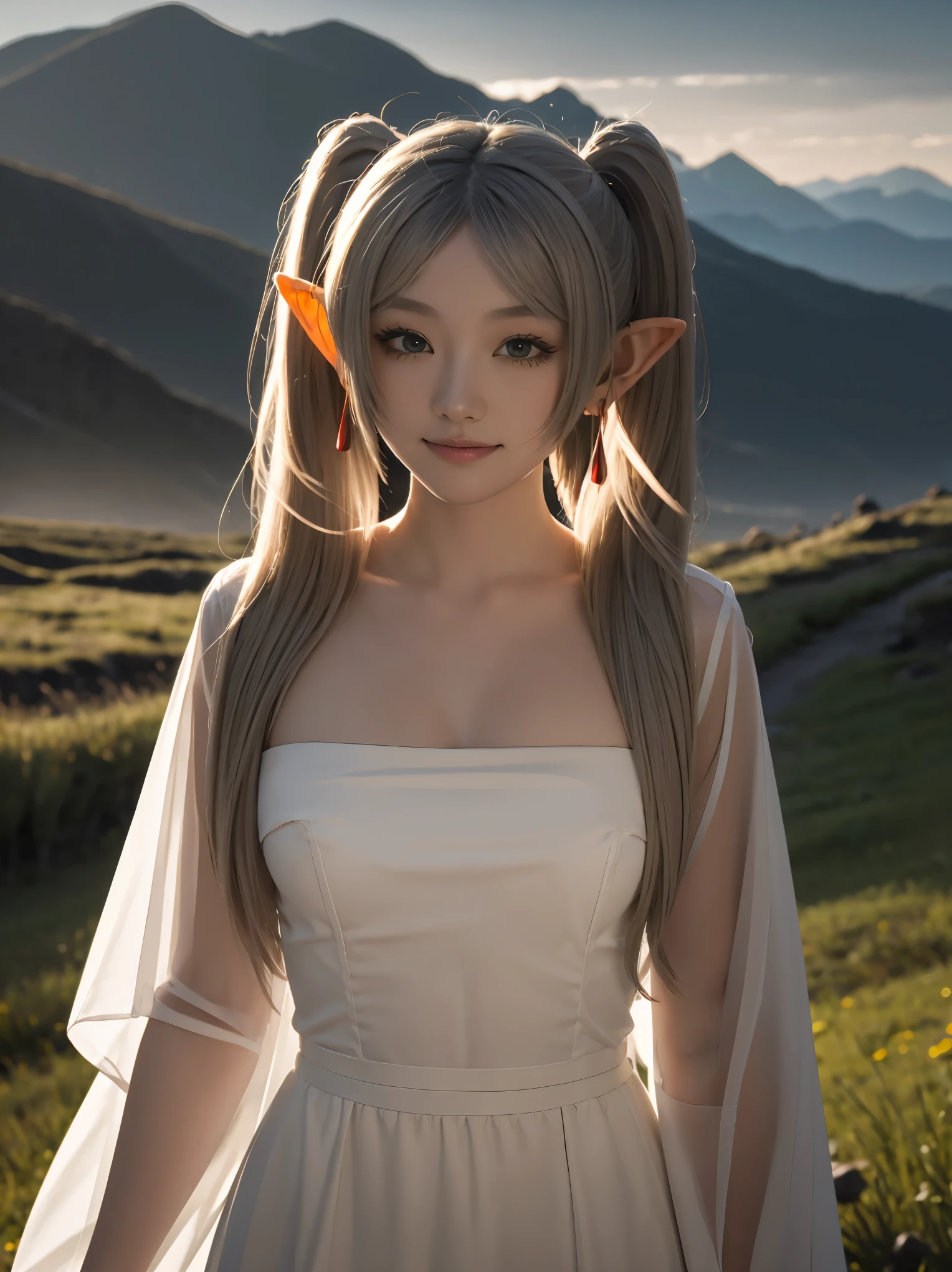 1girl, solo, (looking at viewer), Frieren, ((long hair, twintails)), earrings,
BREAK FrierenSleepwear, long hair, messy hair, white dress, strapless dress, nightgown,
BREAK (see-through silhouette:1.5), (nipples through:1.25) (erectile nipples:0.3),
BREAK ((slender body, short staturel, flat Breasts)),
BREAK front view, (upper body), cinematic angle, dynamic pose, open smile, hand on own face,
BREAK at sunrise, summer mountains, mountain path, view from mountain top, nordic mountains, Mountains in Morning Mist,
BREAK ((magician staff)), magic, magic circle, (ragged ruins), cityscape, cloudy sky, fantasy,
BREAK natural skin,(close-up:1.0) photo of as (young:1.0) woman, (oiled skin:1.0),
BREAK (tilted angle shot:1.0),
BREAK (8k uhd:1.0), (best quality:1.0), (masterpiece:1.0), (sharp focus:1.0),
