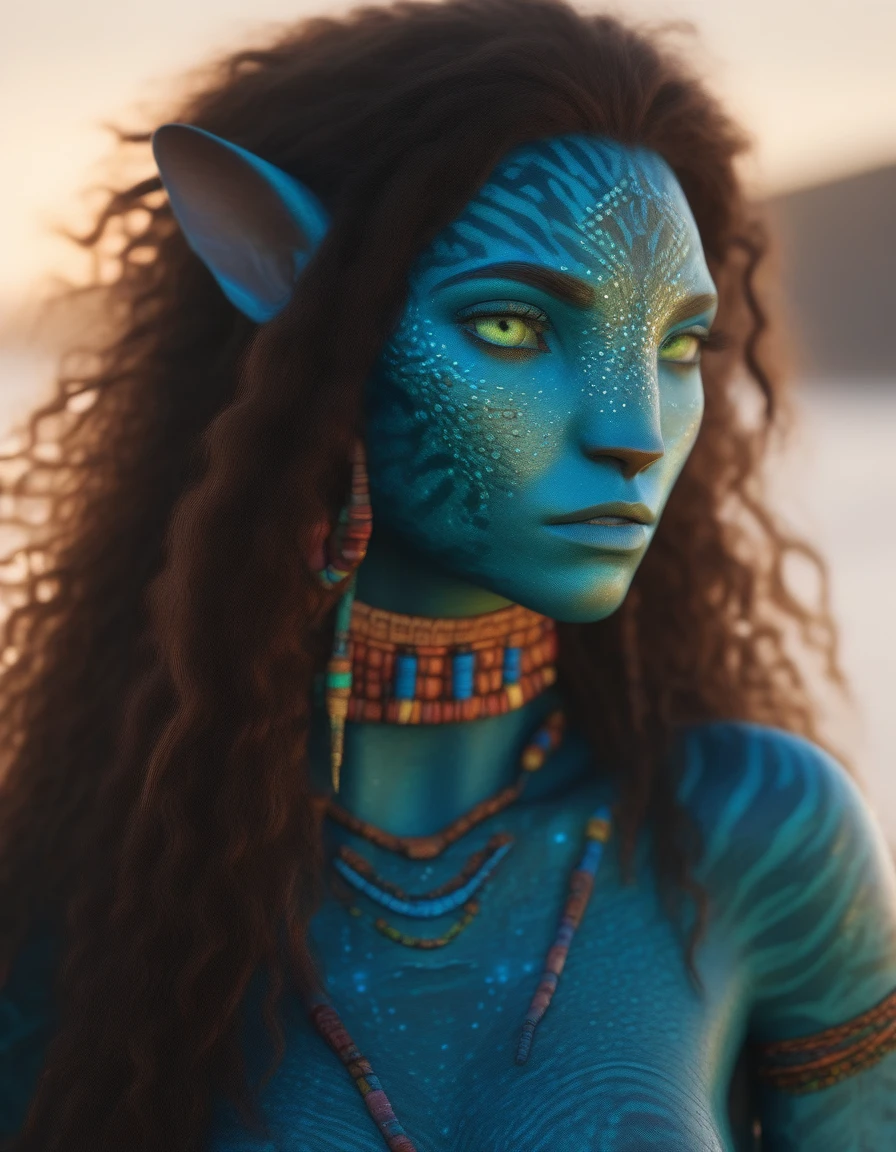 (face portrait), na'vi, 1girl, female, (green eyes), ((big detailed alien eyes)), ((eyebrowless)), ((pointy ears)), ( blue skin tone), (curlywavy hair), brown hair color, ((long hair)), (young adult), 18 years old, face wrinkles, ((wearing colorful tribal clothing)), (wearing tribal acessories), detailed eyes, ((leopard spots all over skin)), toned body, muscled body, vibrant colors, glowing, ethereal atmosphere, ocean background, surrealistic dreamy lighting, textured skin, otherworldly beauty, mesmerizing photography, (best quality, highres), vivid colors, ultrarealistic, skin details, sfw, face close-up,ultradetailed body