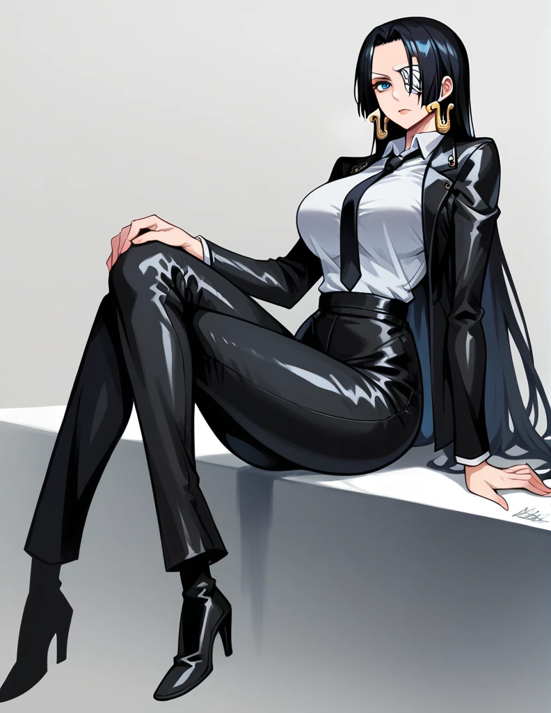 source_anime, best quality, clear face, 1girl, Boa Hancock, black hair, long hair, blue eyes, large breasts, leather blazer, full body, white shirt, necktie, collared shirt, black leather pants, black leather jacket, black leather boot, black pants, left eyepatch, formal, leather suit, black necktie, shirt tucked in,  in the office, hot, sexy, Solo, 1girl, 