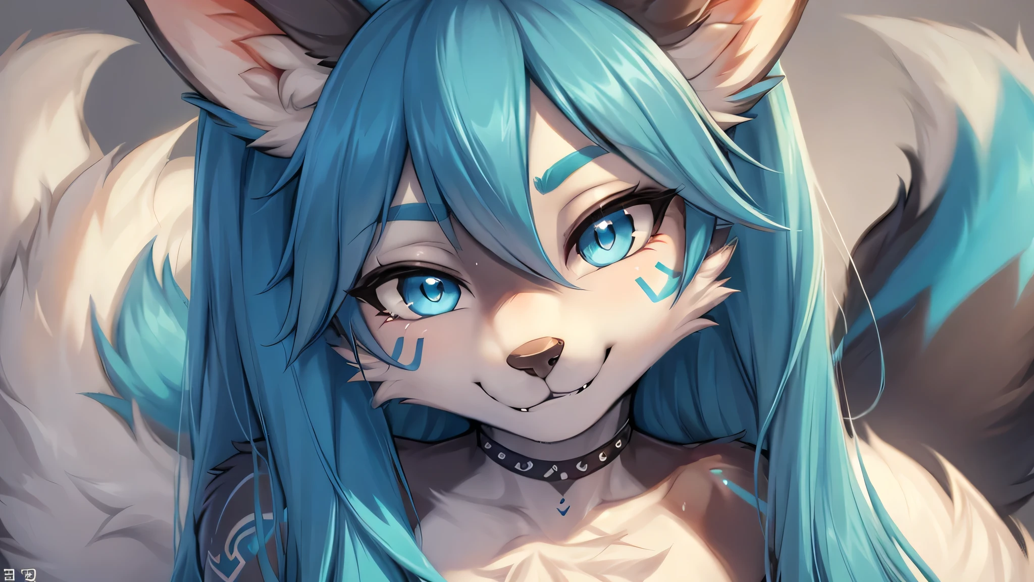 1 girl, Miku Hatsune, anthropo furry:1.3, snout:1.2, anthropo:1.3, furry:1.2, close up:1.2, lonely woman:1.2, squinting eyes, Satisfied smile), add high definition_Detail:1, blue fur,kitsune ears, tribal tattoo add_Detail:1, closeup only face, blue pupil, Shining eyes.