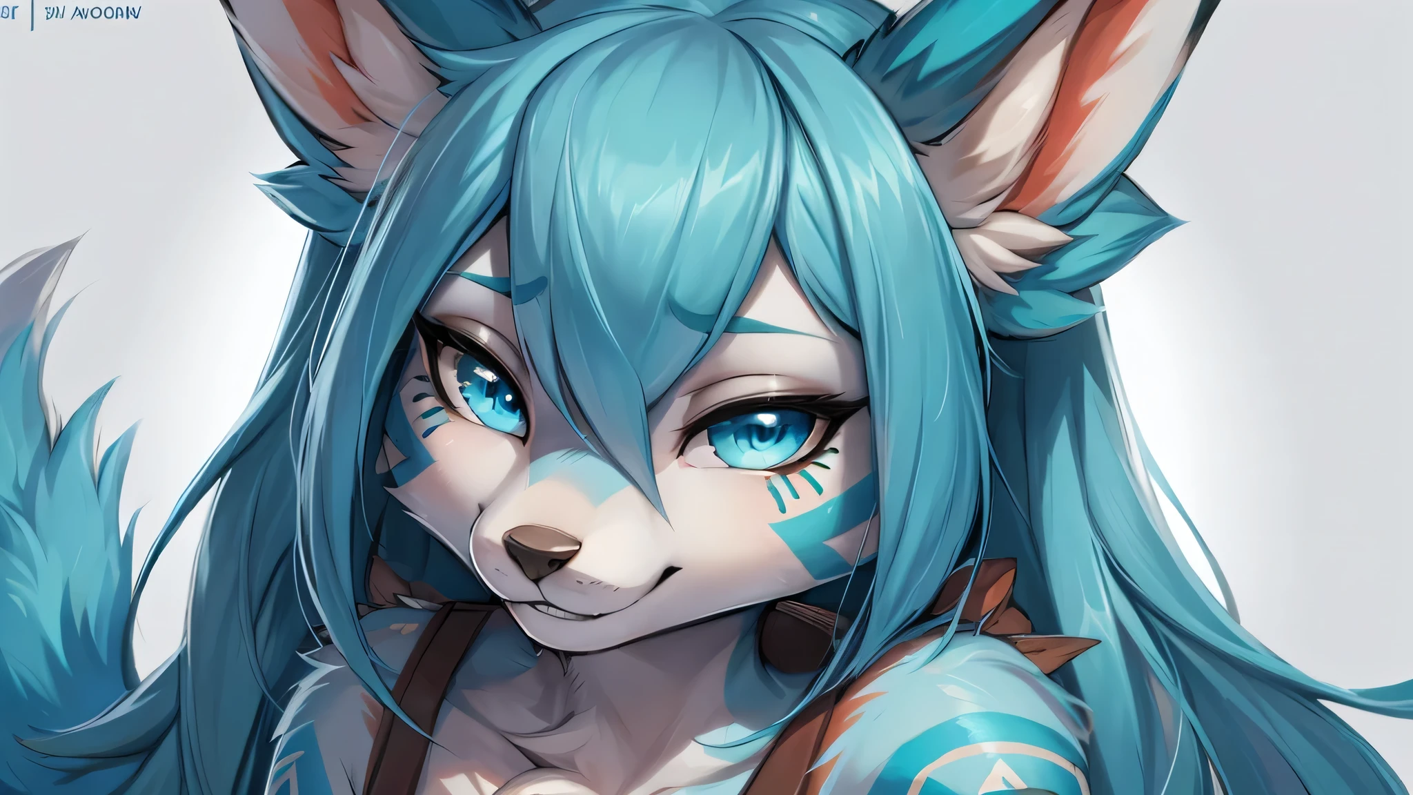 1 girl, Miku Hatsune, anthropo furry:1.3, snout:1.2, anthropo:1.3, furry:1.2, close up:1.2, lonely woman:1.2, squinting eyes, Satisfied smile), add high definition_Detail:1, blue fur,kitsune ears, tribal tattoo add_Detail:1, closeup only face, blue pupil, Shining eyes.