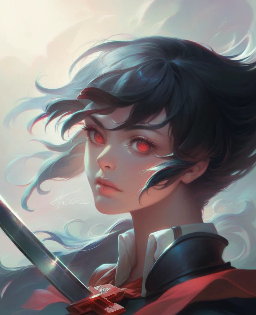 1girl, solo, Akame, detailed portrait, expressive eyes, detailed face, beautiful detailed lips, long eyelashes, flowing black hair, assassin, red eyes, black clothes, black sword, dramatic lighting, dark fantasy, cinematic, dramatic colors, moody atmosphere, (best quality,4k,8k,highres,masterpiece:1.2),ultra-detailed,(realistic,photorealistic,photo-realistic:1.37)