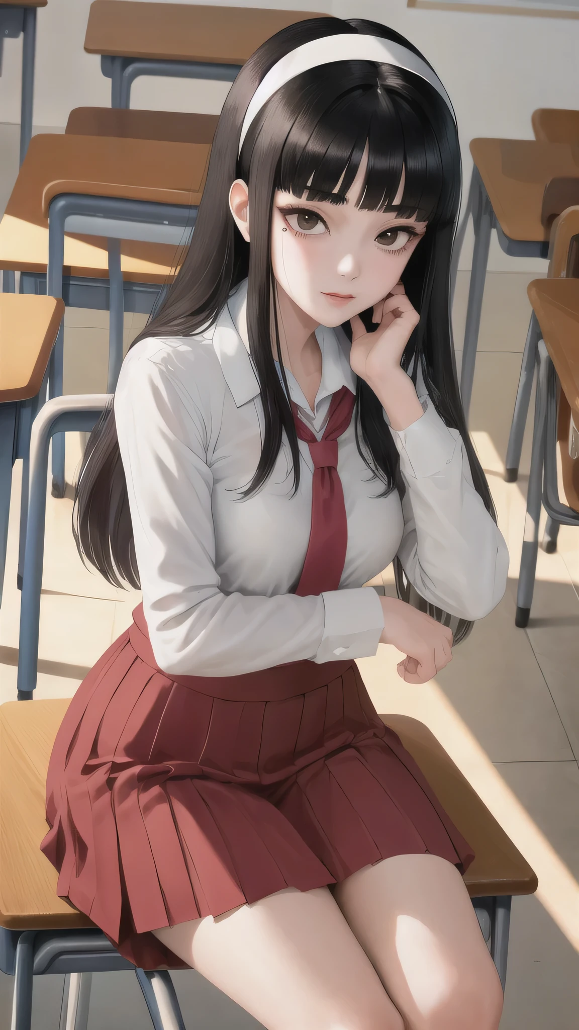 masterpiece, best quality, 1girl, solo, sitting, tomie, hairband, blunt bangs, classroom, textbook, school desk, (mole under eye:0.7)tomie, hairband, blunt bangs, (mole under eye:0.7)