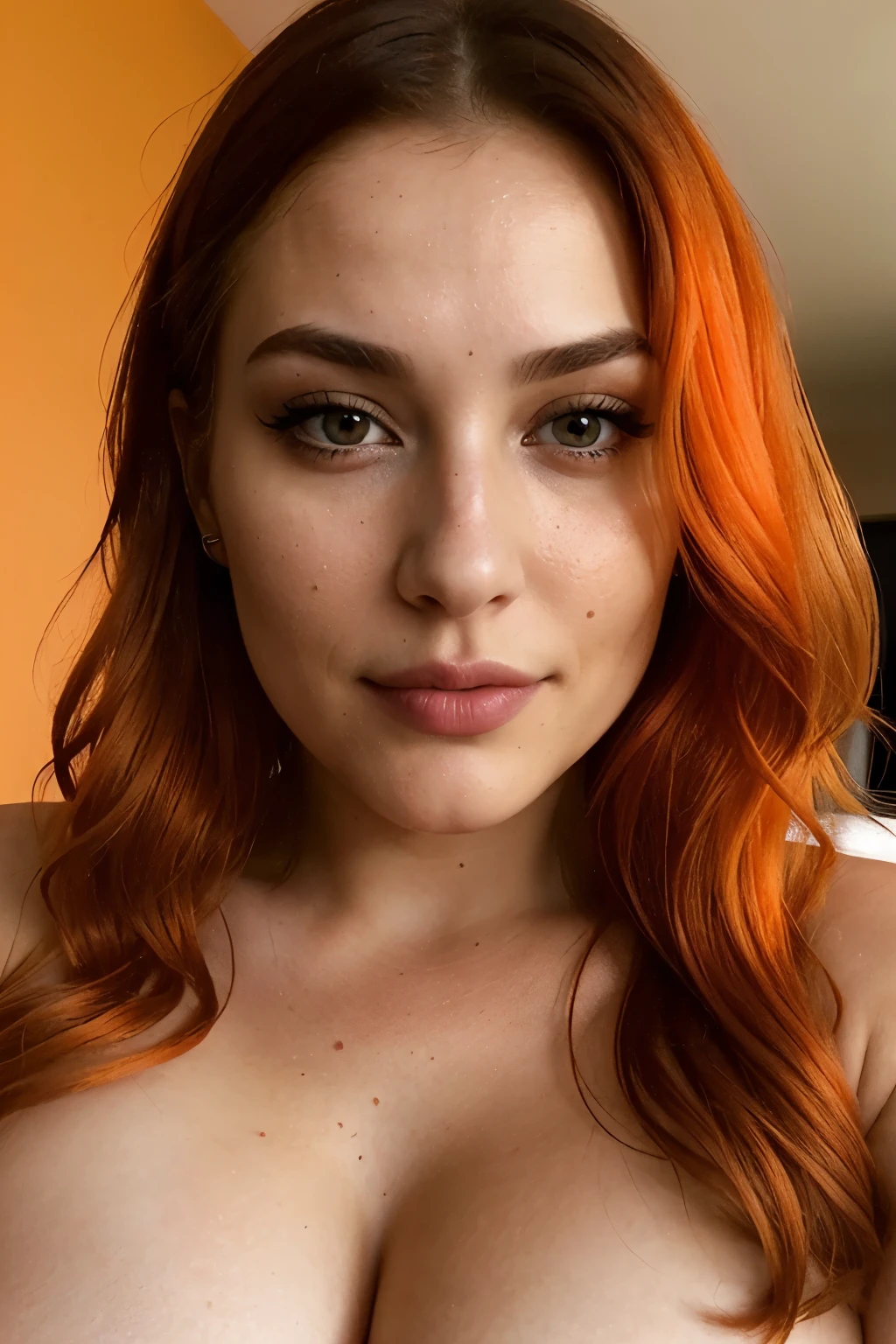 foto do instagram, Close-up headshot of the most beautiful redhead woman you know, Novo, Fission, pale skin, (sorrir:0.4), Sombras duras, melhor qualidade, work-πrhyme, ultra high resolution, (fotorealistisch:1.4), Foto RAW, 1Meninas, ((Novo)), ((peito grande)), luz fria, big booty, NSFW, posando na cama, gabar, mostrando as pernas, programa,