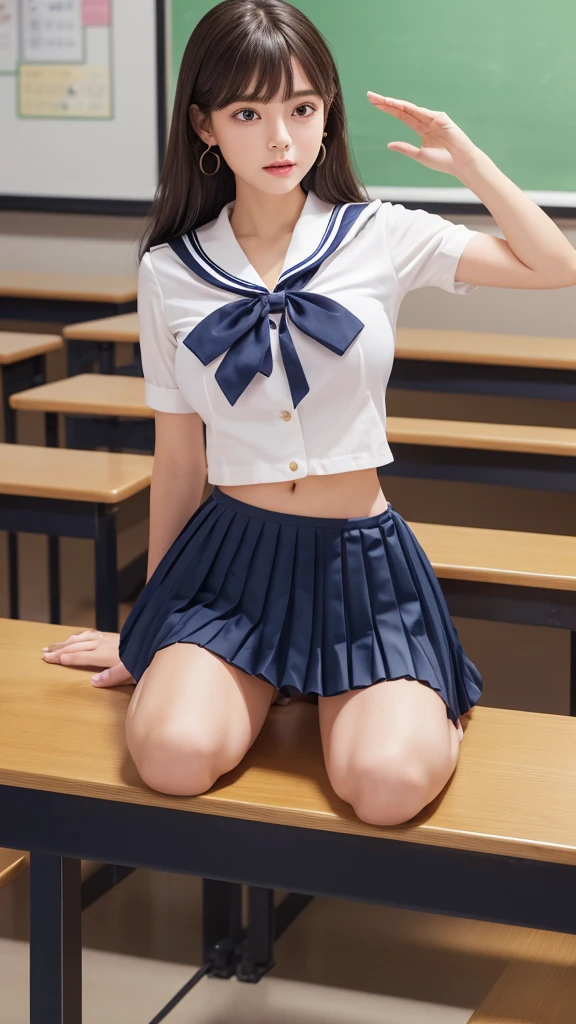 Product quality,1 girl,Cowboy Shot,(Thigh Emphasis:1.4),(Young and beautiful Japanese woman,Perfect Anatomy),(High school classroom:1.4),Sit at a desk,A small smile,((White school uniform sailor suit)),(Red ribbon tie:1.3),Deep waistline,((Navy blue ultra short pleated mini skirt:1.5)),(Skirt flip:1.3),(White panties:1.3),Stylish earrings,Stylish necklace,Very beautiful face,Cute type,(A little round face),Baby Face,Glossy lips,Beautiful big eyes,Brown eyes,Double eyelids visible in both eyes,(Natural Makeup),Shiny smooth light brown long hair,,,,Asymmetrical bangs,Floating Hair Nova Frog Style,【Imaging Center,8k resolution,Attention to detail,Detailed hairstyle,Detailed face,Cinema Lighting,Octane Rendering,Ultra-realistic,Perfect body,Beautiful legs,Voluptuous thighs,Huge breasts,Perfect Anatomy,Spread your legs,(Provocative dynamic pose:1.3)