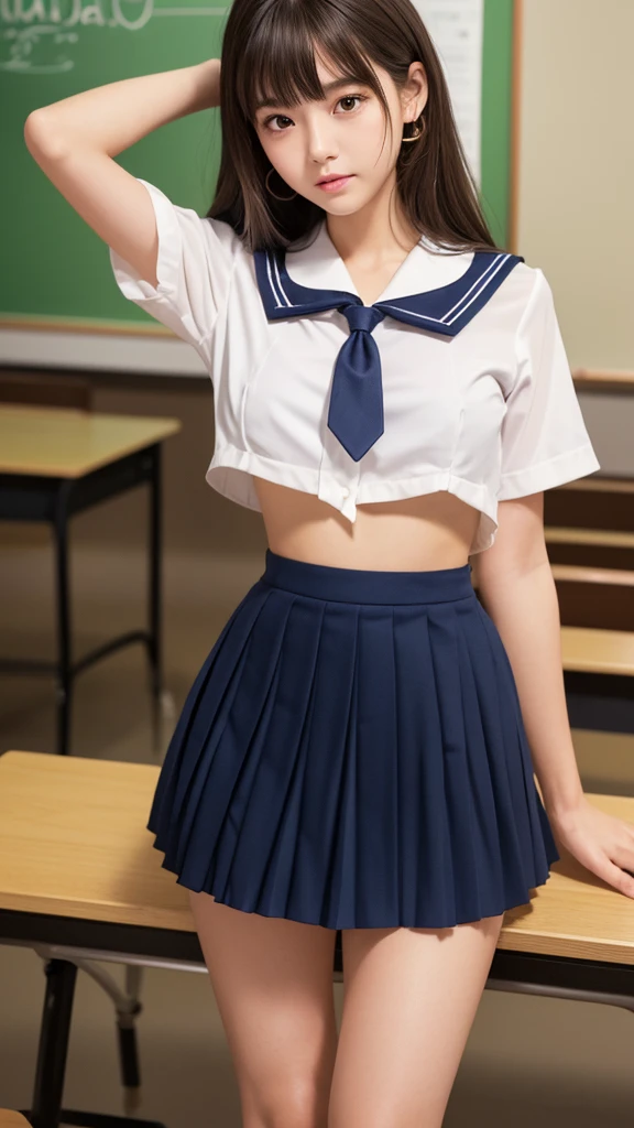 Product quality,1 girl,Cowboy Shot,(Thigh Emphasis:1.4),(Young and beautiful Japanese woman,Perfect Anatomy),(High school classroom:1.4),Sit at a desk,A small smile,((White school uniform sailor suit)),(Red ribbon tie:1.3),Deep waistline,((Navy blue ultra short pleated mini skirt:1.5)),(Skirt flip:1.3),(White panties:1.3),Stylish earrings,Stylish necklace,Very beautiful face,Cute type,(A little round face),Baby Face,Glossy lips,Beautiful big eyes,Brown eyes,Double eyelids visible in both eyes,(Natural Makeup),Shiny smooth light brown long hair,,,,Asymmetrical bangs,Floating Hair Nova Frog Style,【Imaging Center,8k resolution,Attention to detail,Detailed hairstyle,Detailed face,Cinema Lighting,Octane Rendering,Ultra-realistic,Perfect body,Beautiful legs,Voluptuous thighs,Huge breasts,Perfect Anatomy,Spread your legs,(Provocative dynamic pose:1.3)