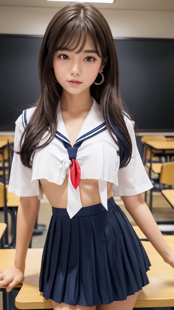 Product quality,1 girl,Cowboy Shot,(Thigh Emphasis:1.4),(Young and beautiful Japanese woman,Perfect Anatomy),(High school classroom:1.4),Sit at a desk,A small smile,((White school uniform sailor suit)),(Red ribbon tie:1.3),Deep waistline,((Navy blue ultra short pleated mini skirt:1.5)),(Skirt flip:1.3),(White panties:1.3),Stylish earrings,Stylish necklace,Very beautiful face,Cute type,(A little round face),Baby Face,Glossy lips,Beautiful big eyes,Brown eyes,Double eyelids visible in both eyes,(Natural Makeup),Shiny smooth light brown long hair,,,,Asymmetrical bangs,Floating Hair Nova Frog Style,【Imaging Center,8k resolution,Attention to detail,Detailed hairstyle,Detailed face,Cinema Lighting,Octane Rendering,Ultra-realistic,Perfect body,Beautiful legs,Voluptuous thighs,Huge breasts,Perfect Anatomy,Spread your legs,(Provocative dynamic pose:1.3)