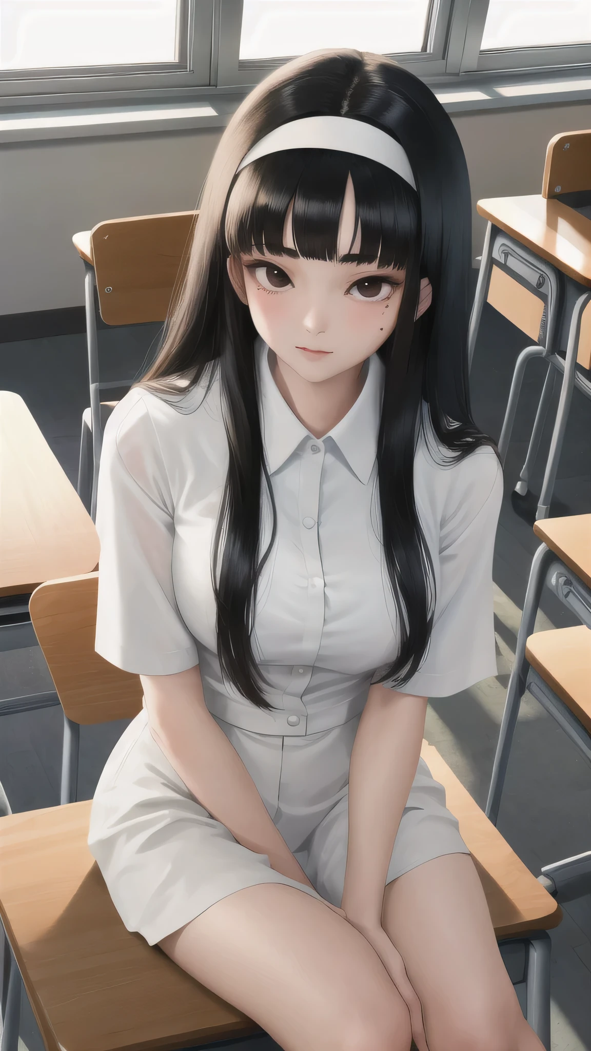 masterpiece, best quality, 1girl, solo, sitting, tomie, hairband, blunt bangs, classroom, textbook, school desk, (mole under eye:0.7)tomie, hairband, blunt bangs, (mole under eye:0.7)