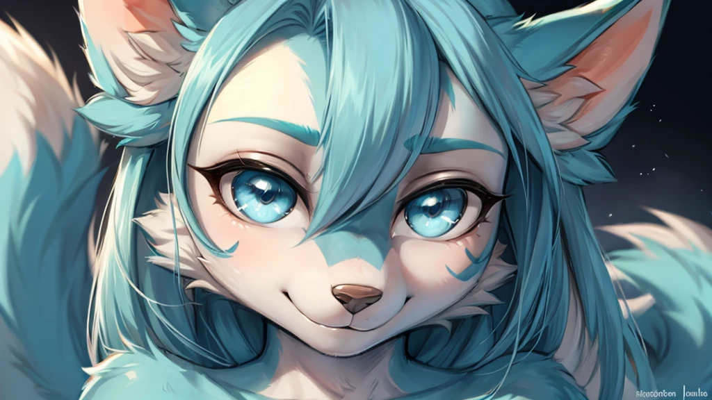 1 girl, Miku Hatsune, anthropo furry:1.3, snout:1.2, anthropo:1.3, furry:1.2, close up:1.2, lonely woman:1.2, squinting eyes, Satisfied smile), add high definition_Detail:1, blue fur,kitsune ears, tribal tattoo add_Detail:1, closeup only face, blue pupil, Shining eyes.