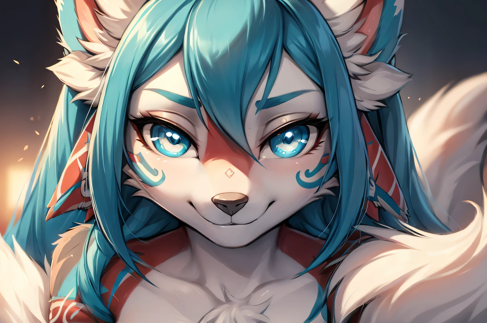 1 girl, Miku Hatsune, anthropo furry:1.3, snout:1.2, anthropo:1.3, furry:1.2, close up:1.2, lonely woman:1.2, squinting eyes, Satisfied smile), add high definition_Detail:1, blue fur,kitsune ears, tribal tattoo add_Detail:1, closeup only face, blue pupil, Shining eyes.
