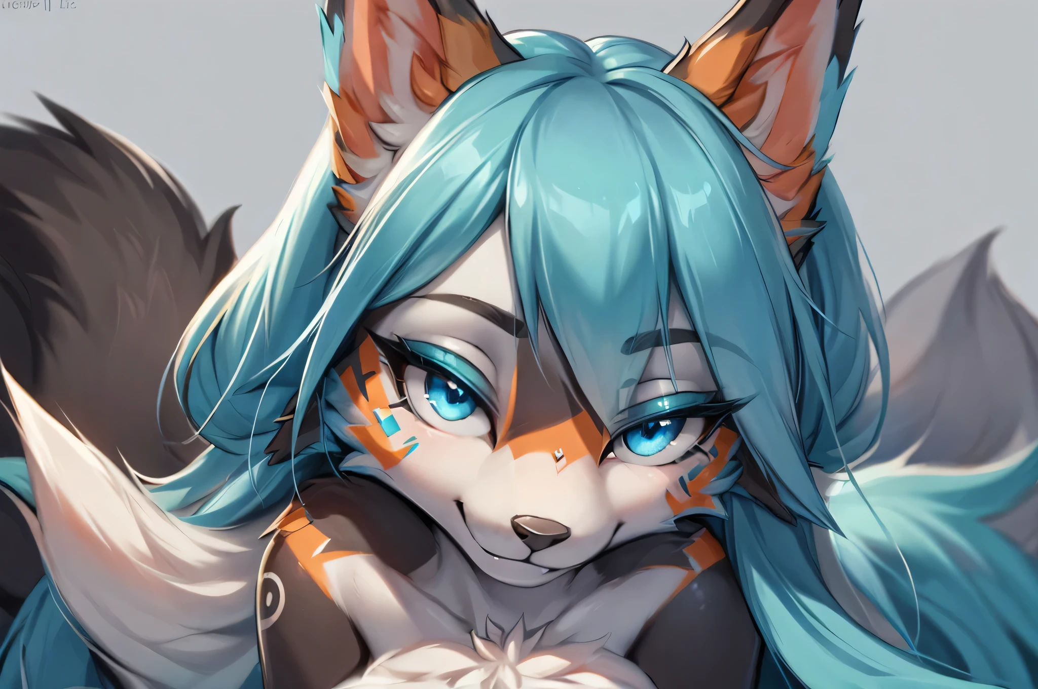 1 girl, Miku Hatsune, anthropo furry:1.3, snout:1.2, anthropo:1.3, furry:1.2, close up:1.2, lonely woman:1.2, squinting eyes, Satisfied smile), add high definition_Detail:1, blue fur,kitsune ears, tribal tattoo add_Detail:1, closeup only face, blue pupil, Shining eyes.