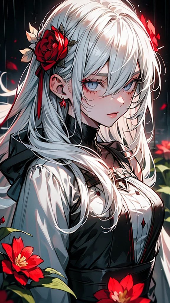 Masterpiece, best quality, night, outdoors, rainy days, branches, Chinese style, ancient China, 1 woman, mature woman, silver white long haired woman, gray blue eyes, light pink lips, cold, serious, weak, bangs, assassins, short knives, white clothes, black clothing patterns, blood stains, blood, injuries, bloody, delicate facial features, delicate facial features,