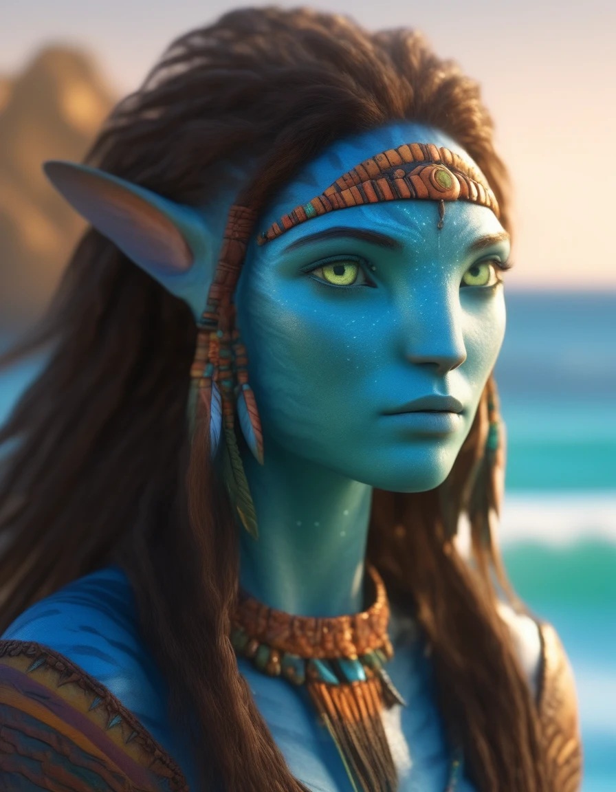 (face portrait), na'vi, 1girl, female, (green eyes), ((big detailed alien eyes)), ((eyebrowless)), ((pointy ears)), (blue skin tone), (wavy hair), brown hair color, ((long hair)), ((Feather accessory on hair)), (young adult), 18 years old, face wrinkles, ((wearing colorful tribal clothing)), (wearing tribal acessories), detailed eyes, toned body, muscled body, vibrant colors, glowing, ethereal atmosphere, ocean background, surrealistic dreamy lighting, textured skin, otherworldly beauty, mesmerizing photography, (best quality, highres), vivid colors, ultrarealistic, skin details, sfw, face close-up, ultradetailed body