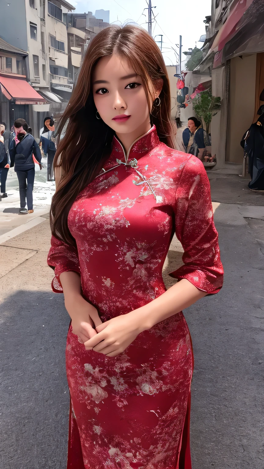 Burmese girl Purple red Silk dress attractive curvy full body.  Friends full-length bikini, ( Dress too shiny dress) reflective long dress painted with flower patterns, only dress.  hi gh hips  High resolution  High resolution  natural background  High resolution  HD  3D,  8K cartoon anime 