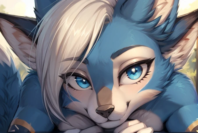 1 girl, vixen girl, aqua body, anthropo furry:1.3, snout:1.2, anthropo:1.3, furry:1.2, close up:1.2, lonely woman:1.2, squinting eyes, Satisfied smile), add high definition_Detail:1, blue fur,kitsune ears, tribal tattoo add_Detail:1, closeup only face, blue pupil, Shining eyes.