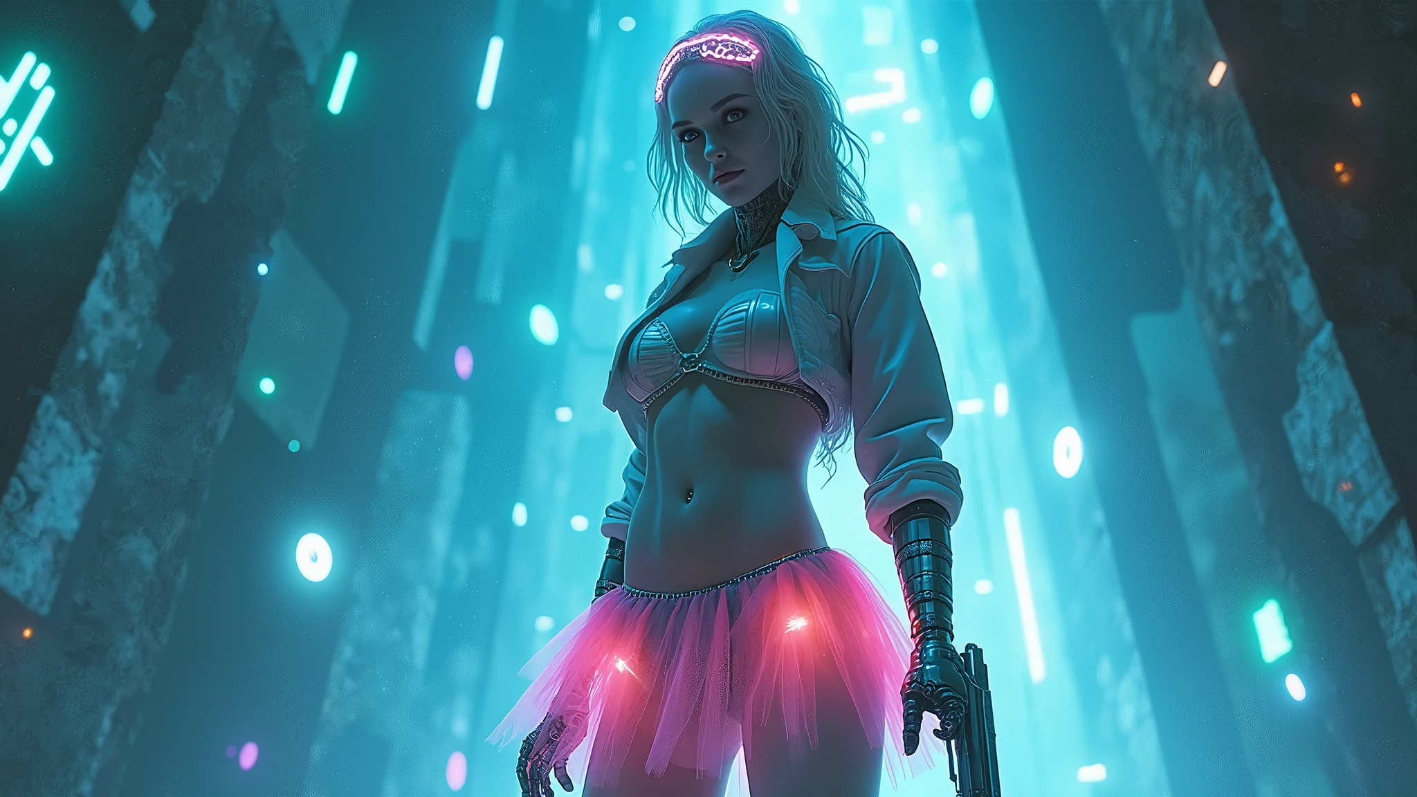 1 girl in black underwear looks into space at night, pharmacy by the road, Detailed details, High image quality, cinematic frame, still frame of the film, blonde, perfect body, hourglass proportions, Breasts size 6, huge huge thighs, ass in centerfold, big ass, Back view, view from the back, in half a turn, correct dim light, mostly blue, red flash in the sky, Red clouds, red glow, , LED Strip Light, red glow ленты