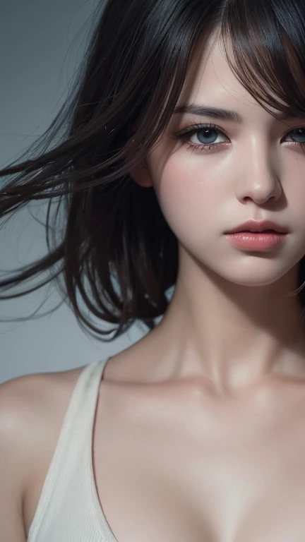 (((Masterpiece))), (((from above))), black hair, diffused light, dynamic shadows, sharp focus, realistic, detailed, highres, absurdres, white background, no bra, photorealistic, lifelike, steamy, blushing, sleeveless, youthful appearance, slight smile, lip gloss, armpit, head tilt, head facing viewer, (((looking at viewer))), (((bare skin))), ((slim)), ((sweet looking)), ((medium chest)), submissive, correct anatomy, perfect face