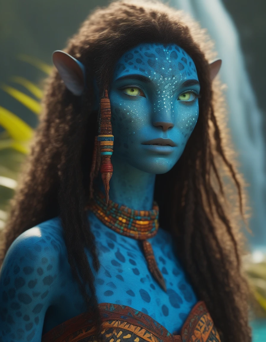 (face portrait), na'vi, 1girl, female, (green eyes), ((big detailed alien eyes)), ((eyebrowless)), ((pointy ears)), ( blue skin tone), (curly hair), (waterfall braid), brown hair color, ((long hair)), (young adult), 18 years old, face wrinkles, ((wearing colorful tribal clothing)), (wearing tribal acessories), detailed eyes, ((leopard spots all over skin)), toned body, muscled body, vibrant colors, glowing, ethereal atmosphere, ocean background, surrealistic dreamy lighting, textured skin, otherworldly beauty, mesmerizing photography, (best quality, highres), vivid colors, ultrarealistic, skin details, sfw, face close-up,ultradetailed body