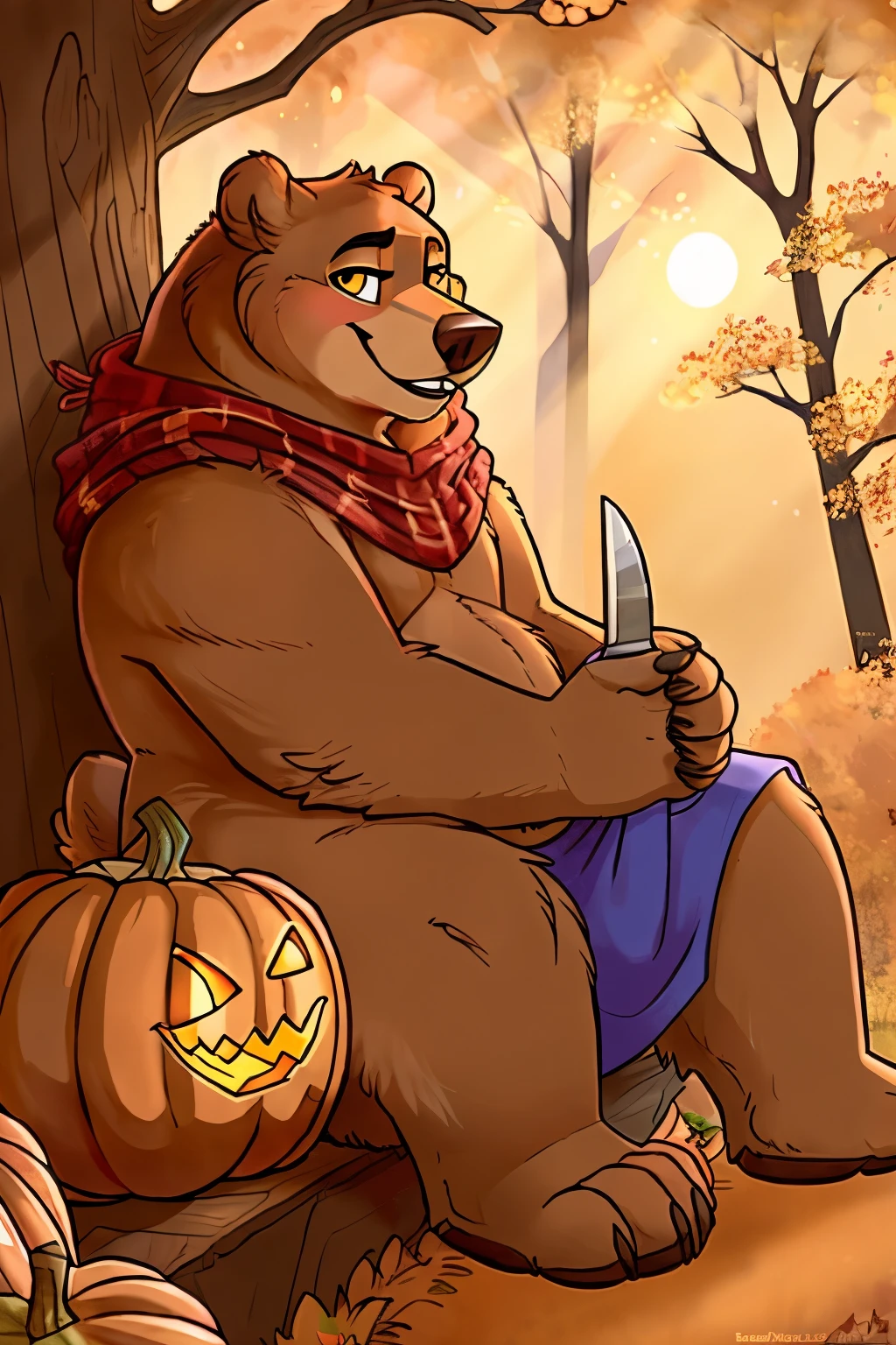 ((best quality)), ((masterpiece)), (detailed), (cartoon), bear, a bear sitting with his legs crossed on the porch of a forest cabin carving a pumpkin during the fall season with orange trees, the sun glazing threw between the branches of each tree, holding a knife with one hand as he stabs it into the pumpkin to make a smiling face, the other hand holding onto the bumpkin, bear looking to the side, looking at pumpkin, bear, fluffy, wolf paws with 4 fingers, bear feet (art done by letodoesart)