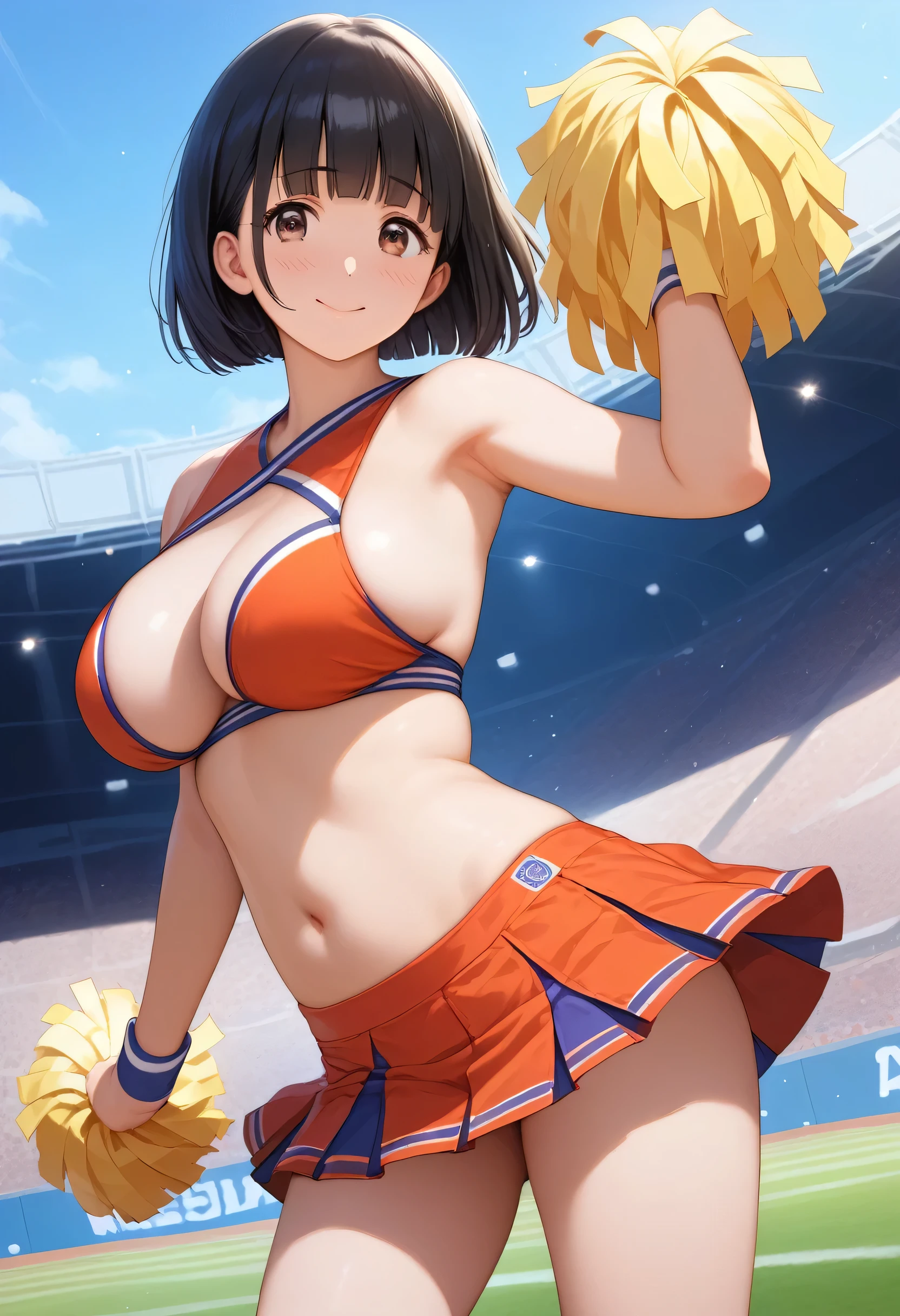 gloria, underboob, super short skirts, pretty face, beutiful face, brown hair, yellow eye, short hair, futanari, big penis, sports, flaccid penis, cheerleading clothes, cheerleader, cheerleading, stadium, ejaculated