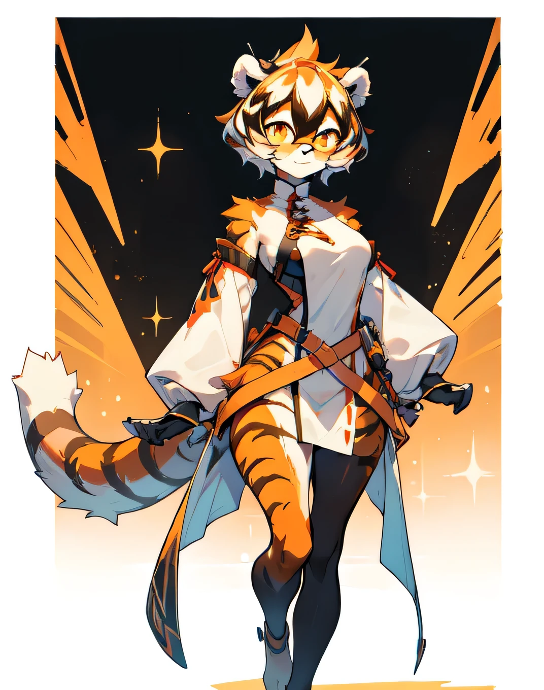 , Post e621, beautiful and detailed portrait of a female (((female))) anthro tiger, (((confident, charming))), Mongkorn, thighs, white background, full body, ((girl,furry)), standinganimal, arknight, white hair, black hair, round glasses, glasses, oppen, short hair, medium breasts, tail, orange eyes, naked, naked, multi-colored hair, tiger girl, furry female, hair between eyes, big breasts, evil smile,