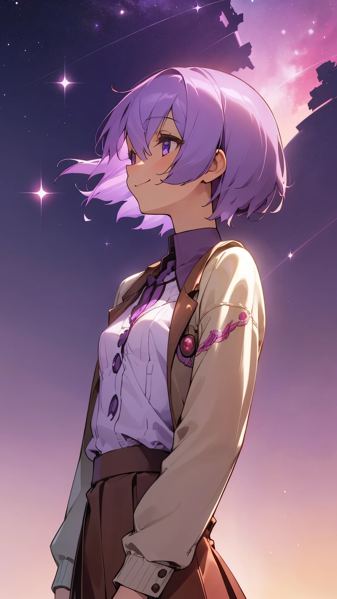 (Best Quality、Ultra high definition、Genuine)、1 Girl、solo、Yuzuki Yukari、Small breasts、profile、smile、Light purple hair、Short Hair、Hair between the eyes、White sweater with embroidery、Brown Leather Blazer、Red Skirt、Upper body close-up、Starry Sky、Background with street lights