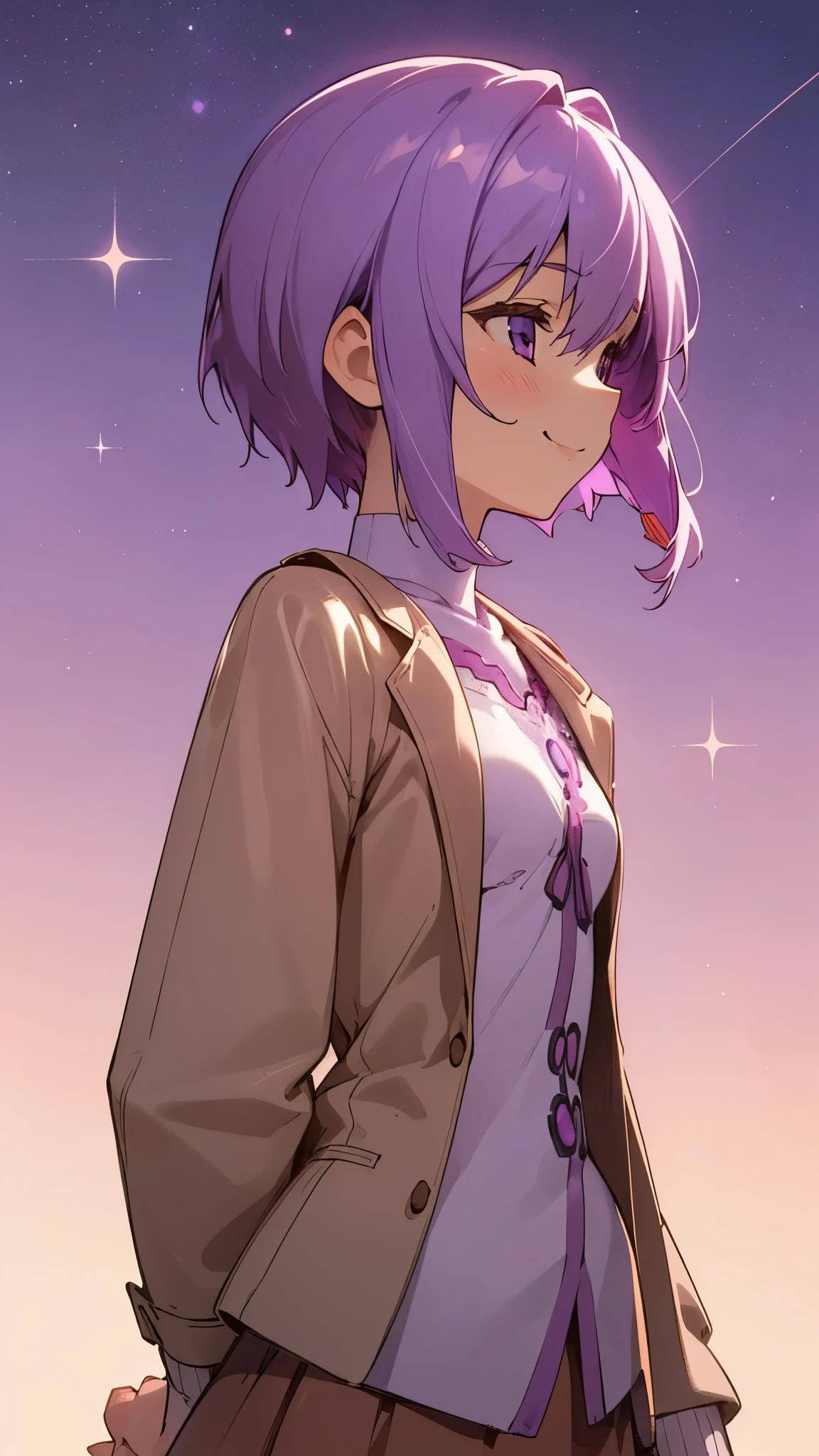 (Best Quality、Ultra high definition、Genuine)、1 Girl、solo、Yuzuki Yukari、Small breasts、profile、smile、Light purple hair、Short Hair、Hair between the eyes、White sweater with embroidery、Brown Leather Blazer、Red Skirt、Upper body close-up、Starry Sky、Background with street lights