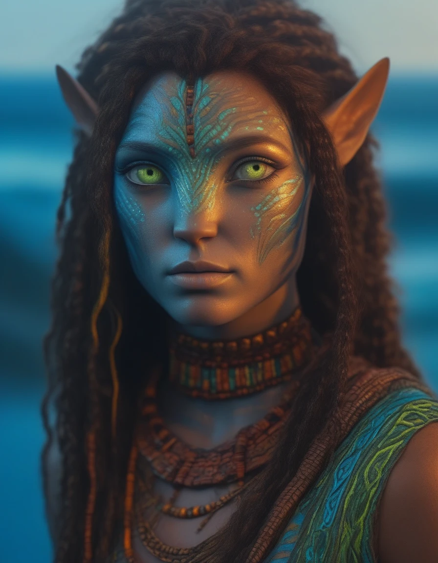 (face portrait), na'vi, 1girl, female, (green eyes), ((big detailed alien eyes)), ((eyebrowless)), ((pointy ears)), ( blue skin tone), (curly hair), (waterfall braid), brown hair color, ((long hair)), (young adult), 18 years old, face wrinkles, ((wearing colorful tribal clothing)), (wearing tribal acessories), detailed eyes, toned body, muscled body, vibrant colors, glowing, ethereal atmosphere, ocean background, surrealistic dreamy lighting, textured skin, otherworldly beauty, mesmerizing photography, (best quality, highres), vivid colors, ultrarealistic, skin details, sfw, face close-up,ultradetailed body