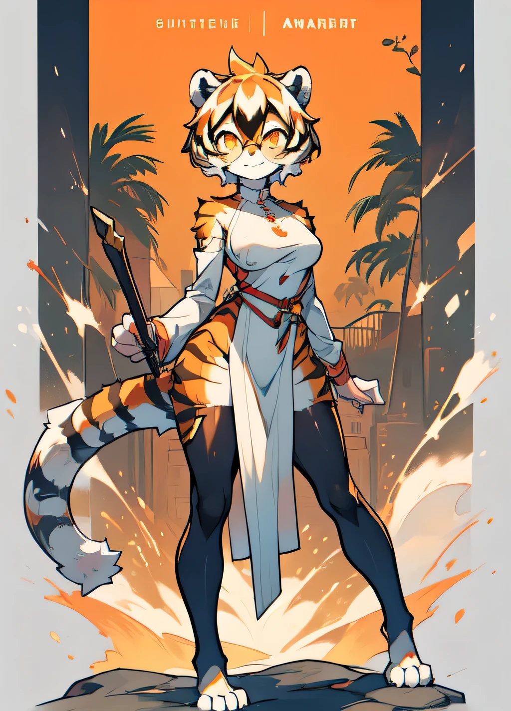 Post e621, beautiful and detailed portrait of a female (((female))) anthro tiger, (((confident, charming))), Mongkorn, thighs, full body, ((girl,furry)), standinganimal, arknight, white hair, black hair, round glasses, glasses, oppen, short hair, medium breasts, tail, orange eyes, naked, completely naked, show boobs, show pussy, multicolored hair, tiger girl, furry female, hair between eyes, big breasts, evil smile,