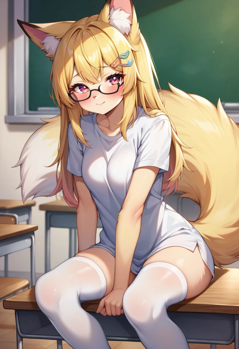 snow leopard girl,pink eyes,yellow long hair,beige leopard ears,beige leopard tail,black leopard print,beige leopard fur,white shirt,red necktie,dark blue mini skirt,flower hairpin,glasses,bead bracelet,classroom,morning,white sunlight,looking at viewer,smile,shy face,full face blush,spread legs,selfie,close up,upper body only