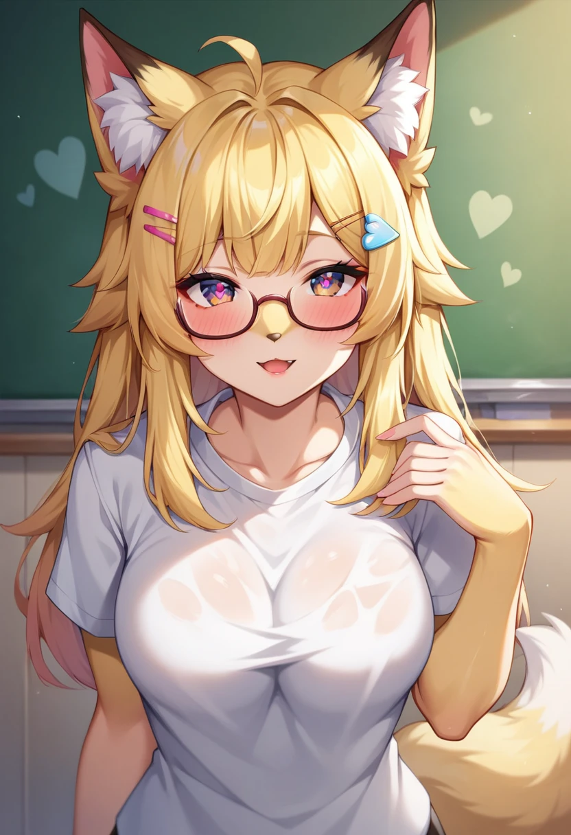 cat girl,yellow hair,grey fur,glasses,blowjob,full face blush,naked,closed eye,flower hairband,my room,focus on face,mouth full of saliva,high angle