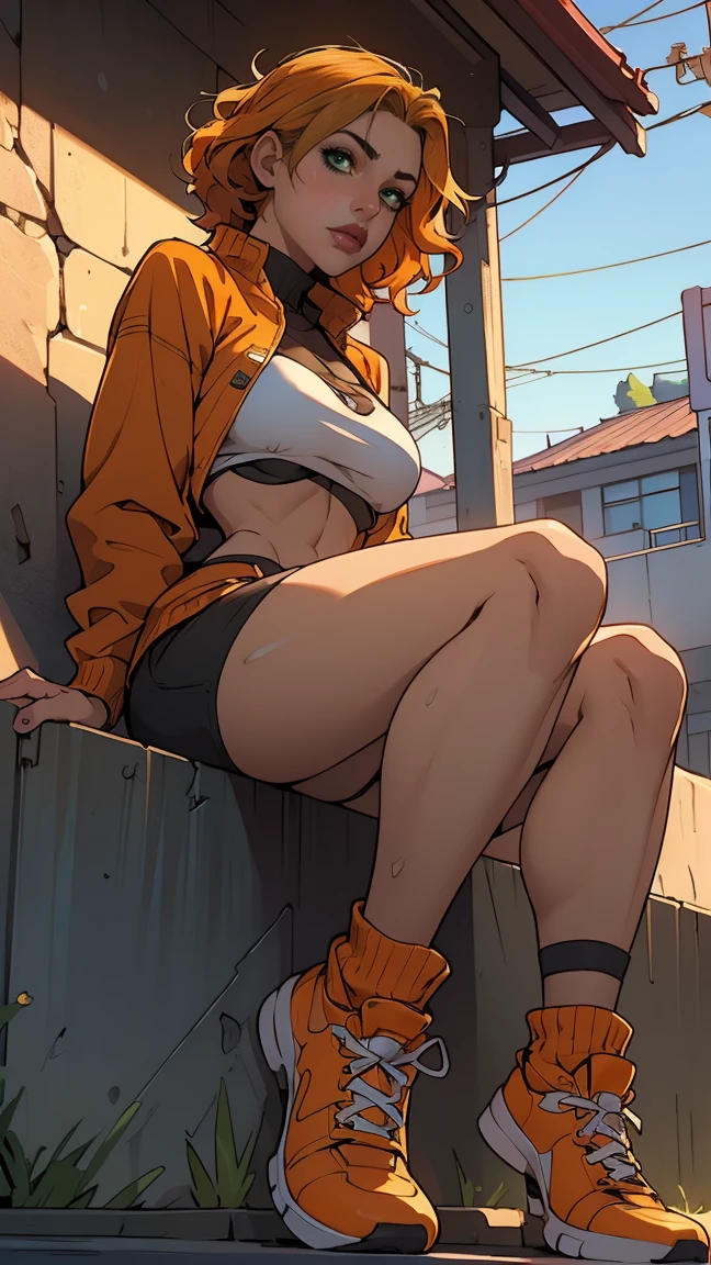 Innocent look:1.3, middle-aged slut woman with light skin, small breast:1.2, messy black dreadlocks, wearing a sweatshirt,sitting cross-legges on the top of a wall along the road ((with orange hair and blonde highlight) , short wavy hair, all body photo:1.4, perfect hands:1.6, beatiful hands, GTA5 style, GTA, Grand theft auto, detailed face:1.4, slutty, look from bottom